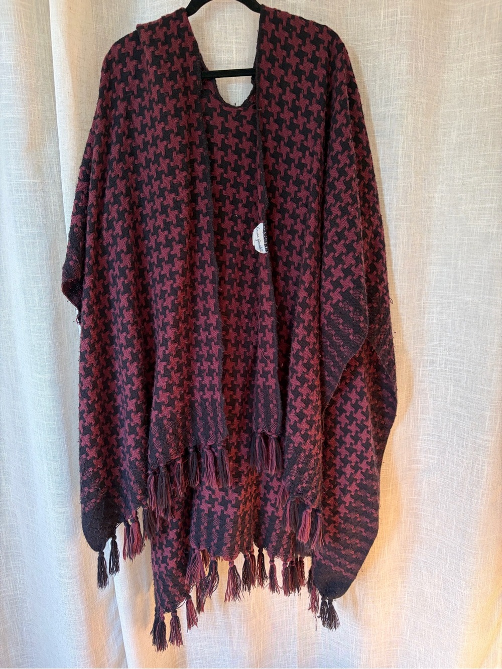Burgundy & Black Houndstooth Fringe Sweater Poncho